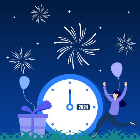 Flat style vector illustration of happy characters celebrating festive New Year 2024. Can be used for web banners, infographics, hero images.のイラスト素材