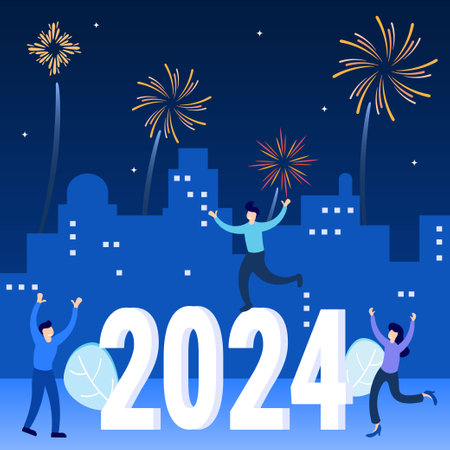 Flat style vector illustration of happy characters celebrating festive New Year 2024. Can be used for web banners, infographics, hero images.のイラスト素材