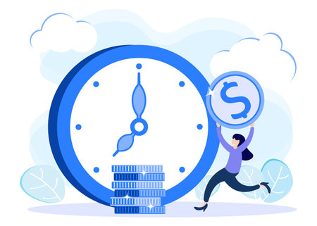 Time is money concept flat style vector illustration. Business and management, Making the most of time, Working actively for future income, Time management planning, Deadlines.のイラスト素材