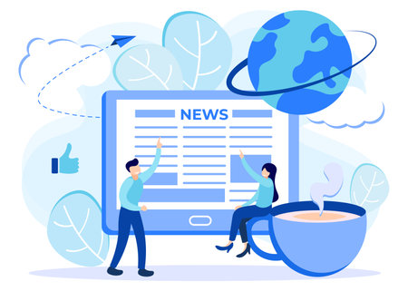 Flat vector illustration, design concept of reading news, people characters with newspapers, online, advertising, looking for job vacancies. Suitable for websites, landing pages, posters and banners.のイラスト素材