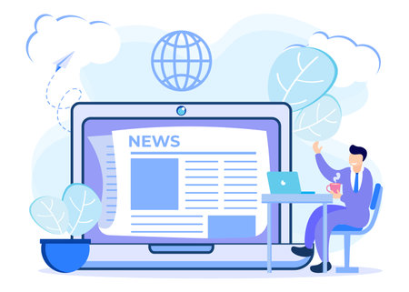 Flat vector illustration, design concept of reading news, people characters with newspapers, online, advertising, looking for job vacancies. Suitable for websites, landing pages, posters and banners.のイラスト素材