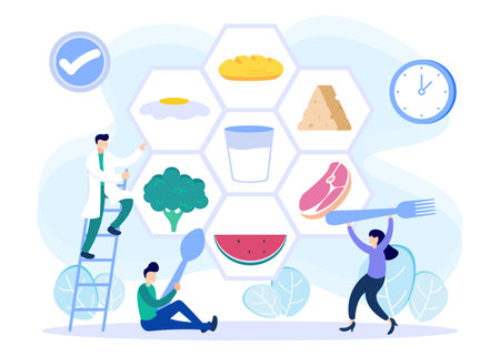 Vector illustration of a meal schedule for balancing daily meals. Hunger is a constant period of time as a healthy habit of the digestive system. Symbolic wall clock with lunch plate.のイラスト素材