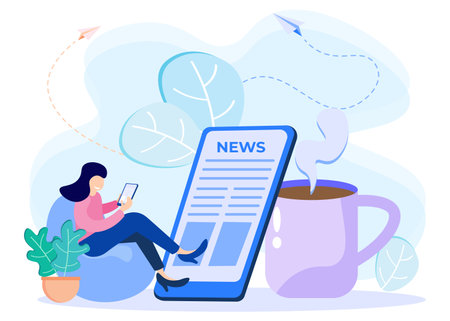 Flat vector illustration, design concept of reading news, people characters with newspapers, online, advertising, looking for job vacancies. Suitable for websites, landing pages, posters and banners.のイラスト素材