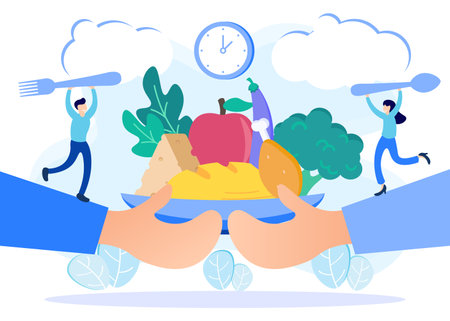 Vector illustration of a meal schedule for balancing daily meals. Hunger is a constant period of time as a healthy habit of the digestive system. Symbolic wall clock with lunch plate.のイラスト素材