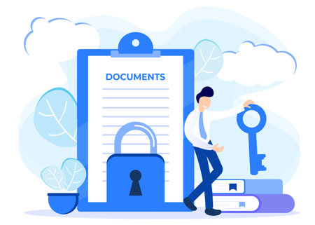 Vector illustration of data protection concept. Security and risk administration procedure regulatory documents. Privacy data protection banner.のイラスト素材