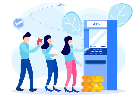 Money concept flat vector illustration, People character with ATM machine. Take and transfer banknotes through accounts. Secure withdrawal terminal and modern checkout technologyのイラスト素材