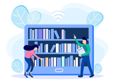 Online library concept vector illustration. E-learning with digital books from the application. reading sources from the internet.のイラスト素材