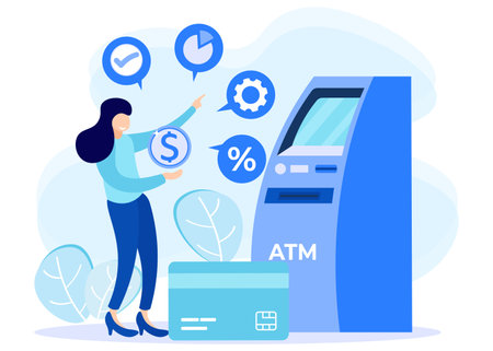 Money concept flat vector illustration, People character with ATM machine. Take and transfer banknotes through accounts. Secure withdrawal terminal and modern checkout technologyのイラスト素材