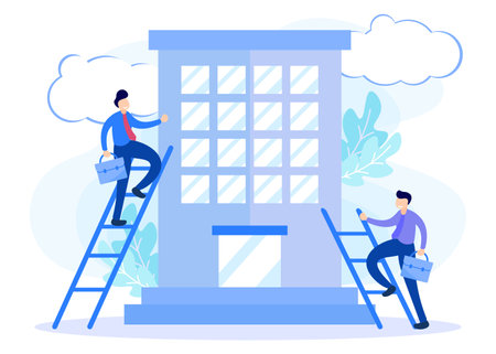 Business concept flat vector illustration. The character of a person as a worker pursuing a career in the company where he works.のイラスト素材