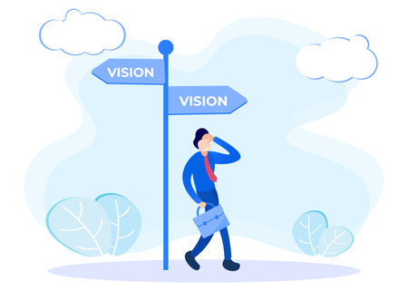 Flat vector illustration of person character with who wants to achieve his vision. Reaching for the future, looking for inspiration, focusing on goals.のイラスト素材