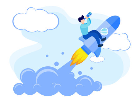 Flat vector illustration of person character with who wants to achieve his vision. Reaching for the future, looking for inspiration, focusing on goals.のイラスト素材