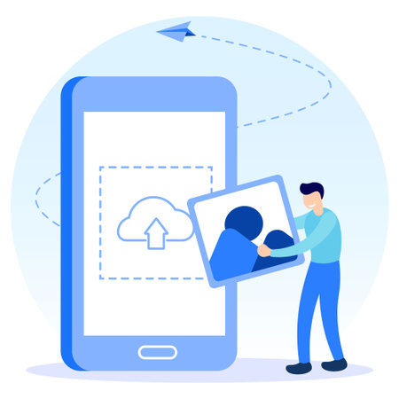 Flat style vector illustration of image upload via smartphone, laptop, computer. For websites, landing pages, mobile apps, posters, banners.のイラスト素材