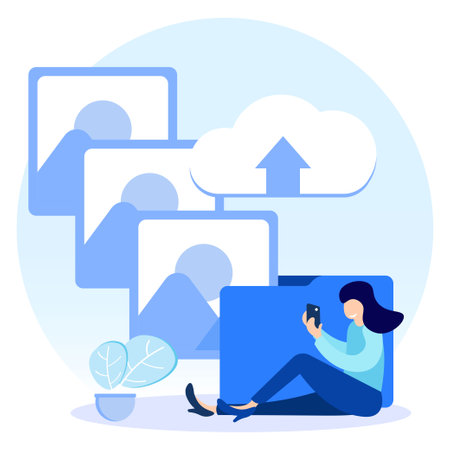Flat style vector illustration of image upload via smartphone, laptop, computer. For websites, landing pages, mobile apps, posters, banners.のイラスト素材
