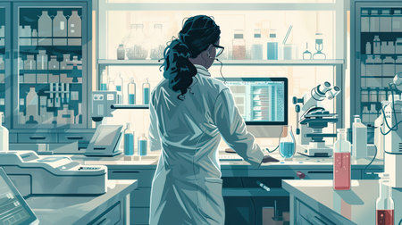 Medical researcher analyzing data in a laboratory, surrounded by scientific equipment and computersの素材