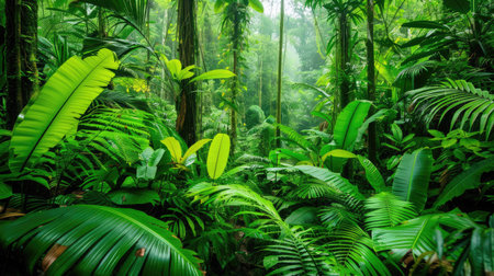lush tropical rainforest, with dense canopy covering the landscapeの素材