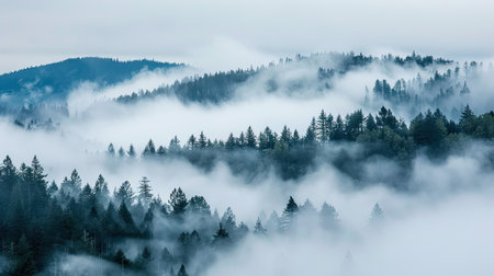 fog blanketing a tranquil forest, creating an ethereal atmosphereの素材