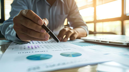 financial reports and data analysis in a modern office settingの素材