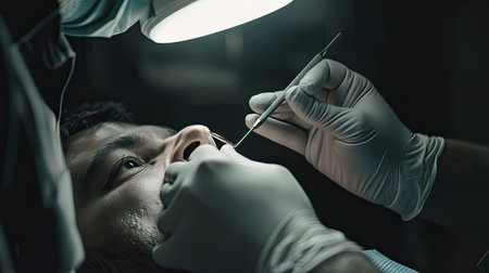 Dentist examining a patient's teeth with a dental mirror and probe in a modern dental clinicの素材