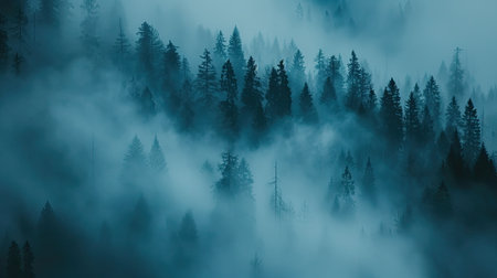 fog blanketing a tranquil forest, creating an ethereal atmosphereの素材