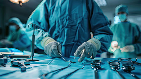 Close-up of a doctor's hands performing surgery, with surgical instruments in the backgroundの素材