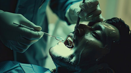 Dentist examining a patient's teeth with a dental mirror and probe in a modern dental clinicの素材
