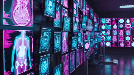 concept of augmented reality many screens x-ray MRIs scanning analysis blue pink medicine science modern research centerの素材