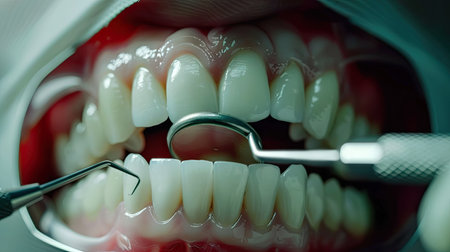 Dentist examining a patient's teeth with a dental mirror and probe in a modern dental clinicの素材
