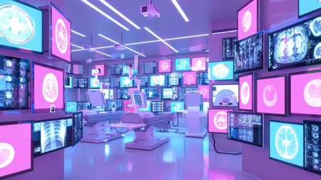 concept of augmented reality many screens x-ray MRIs scanning analysis blue pink medicine science modern research centerの素材