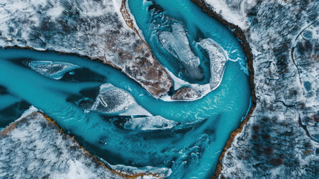 Aerial view of a majestic glacier winding its way through rugged mountain terrainの素材