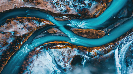 Aerial view of a majestic glacier winding its way through rugged mountain terrainの素材