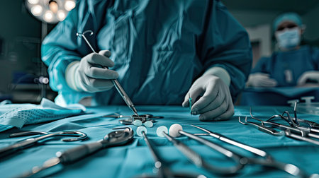 Close-up of a doctor's hands performing surgery, with surgical instruments in the backgroundの素材