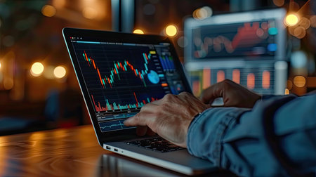A businessman analyzing financial charts on a laptop, with a focus on data trends and investment strategiesの素材