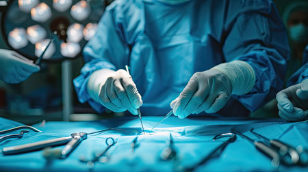 Close-up of a doctor's hands performing surgery, with surgical instruments in the backgroundの素材