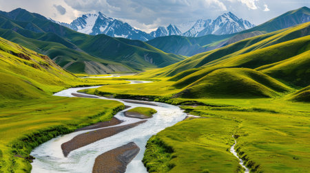 a winding river cutting through a verdant valley surrounded by mountainsの素材