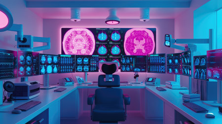 concept of augmented reality many screens x-ray MRIs scanning analysis blue pink medicine science modern research centerの素材