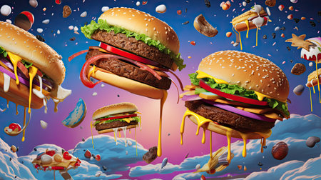 burgers falling in the air, featuring grilled meat and a variety of toppingsの素材