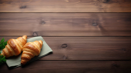 French croissants on a wooden background, close up photography wallpaperの素材