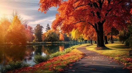 Beautiful autumn landscape with. Colorful foliage in the parkの素材