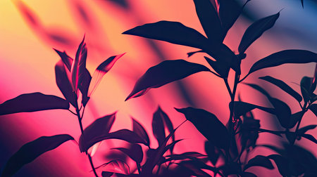 Tropical plant silhouettes against a glowing gradientの素材