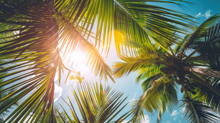 Summer sunlight filtering through tropical palm leavesの素材