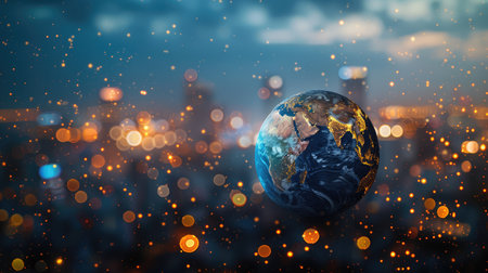 Planet earth on the background of blurred lights of the city. Concept on businessの素材