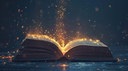 Open book with a glowing light emitting from pagesの素材