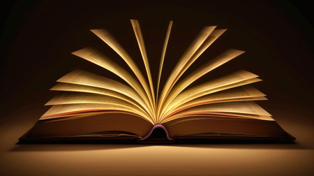 Open book with a glowing light emitting from pagesの素材
