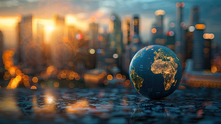 Planet earth on the background of blurred lights of the city. Concept on businessの素材
