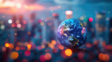 Planet earth on the background of blurred lights of the city. Concept on businessの素材