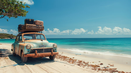 Old vintage car loaded with luggage on the roof arriving on beach with beautiful sea viewの素材