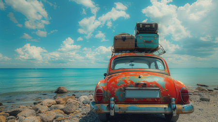 Old vintage car loaded with luggage on the roof arriving on beach with beautiful sea viewの素材