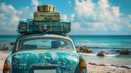 Old vintage car loaded with luggage on the roof arriving on beach with beautiful sea viewの素材