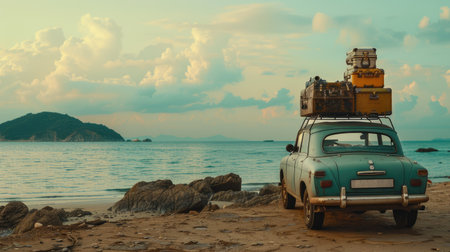 Old vintage car loaded with luggage on the roof arriving on beach with beautiful sea viewの素材