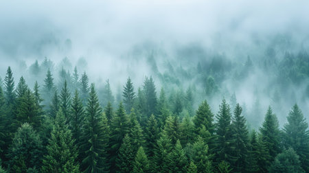 Misty landscape with fir forestの素材